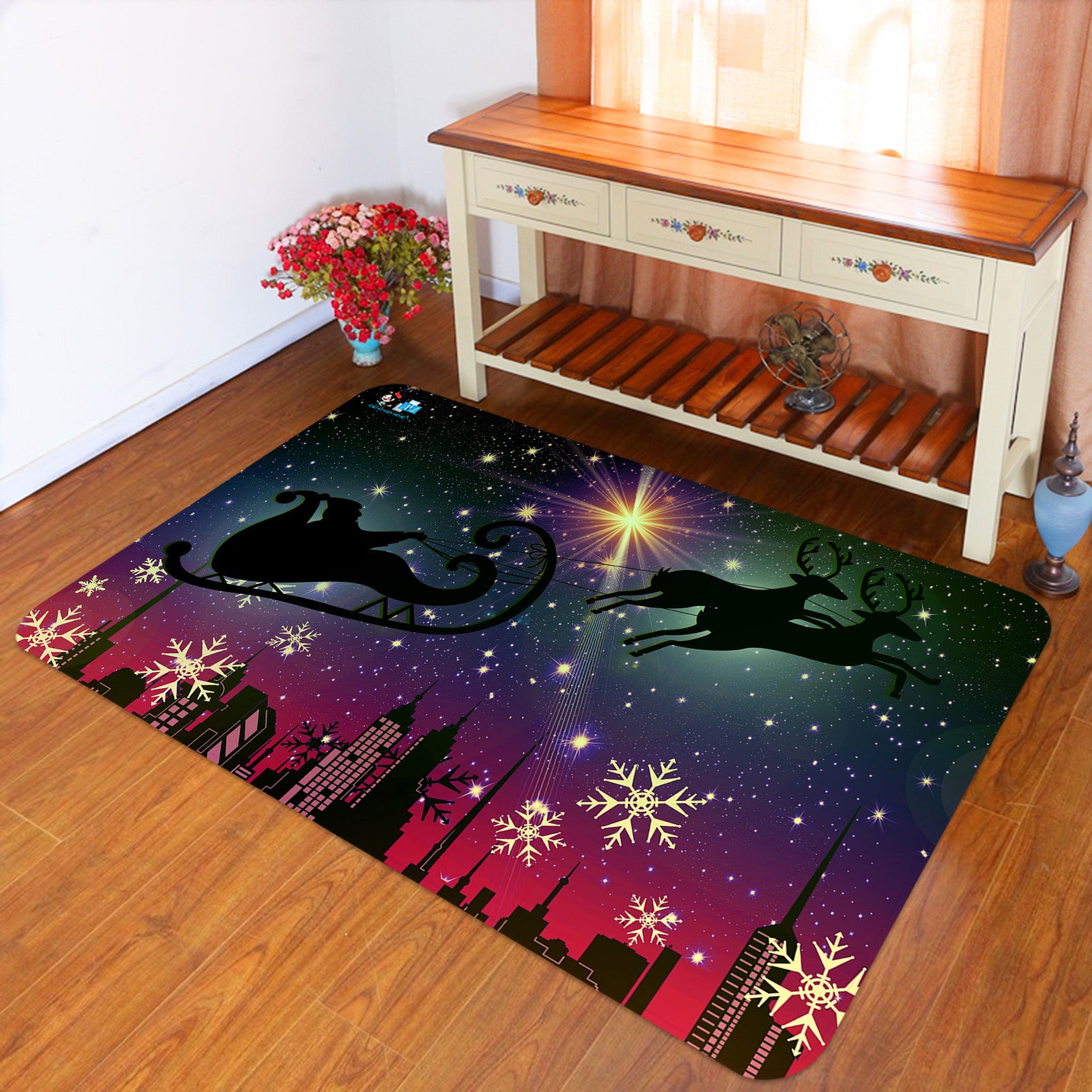 3D Starry Sky Snowflake Deer 65190 Christmas Non Slip Rug Mat Xmas