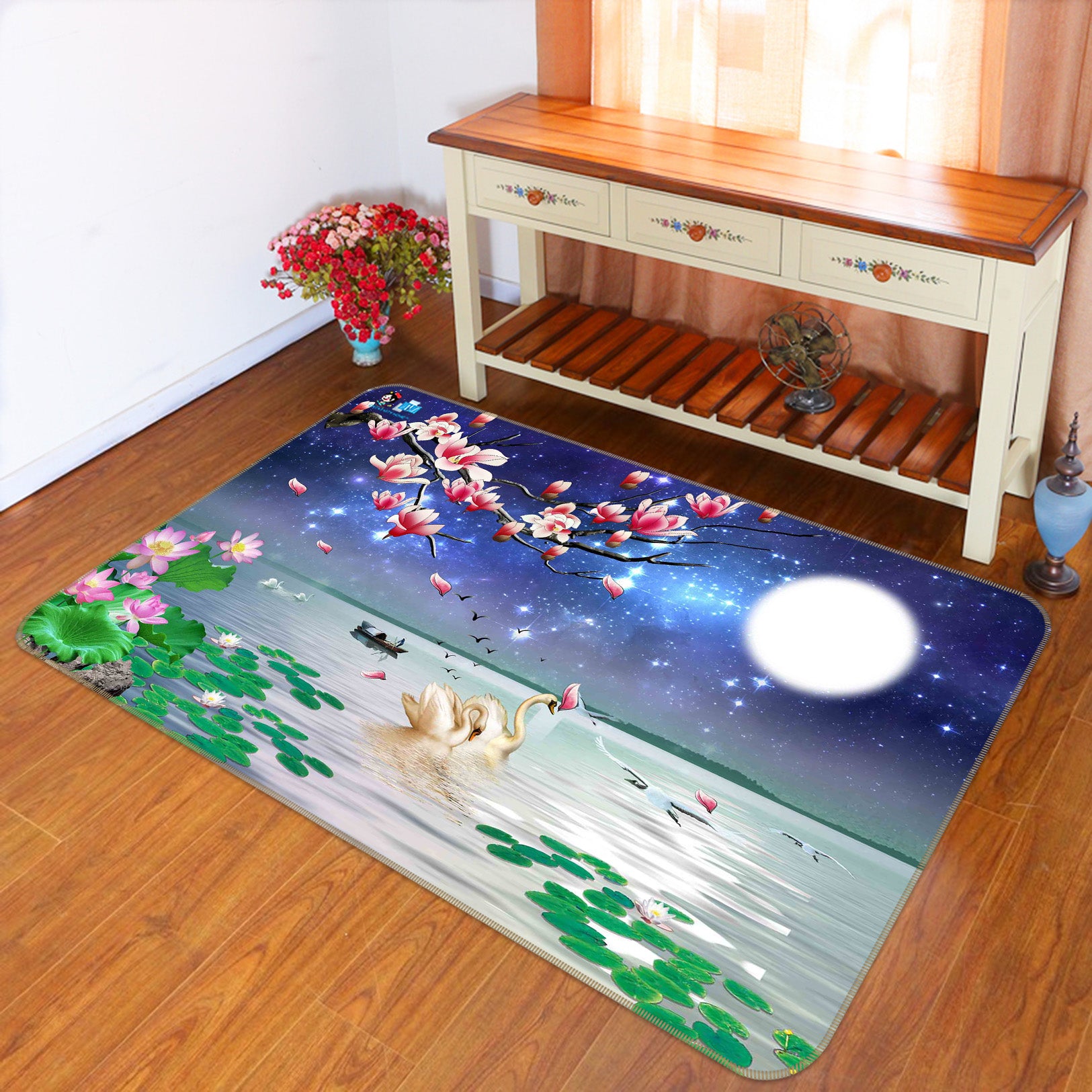 3D Moon Swan Lotus 66088 Non Slip Rug Mat