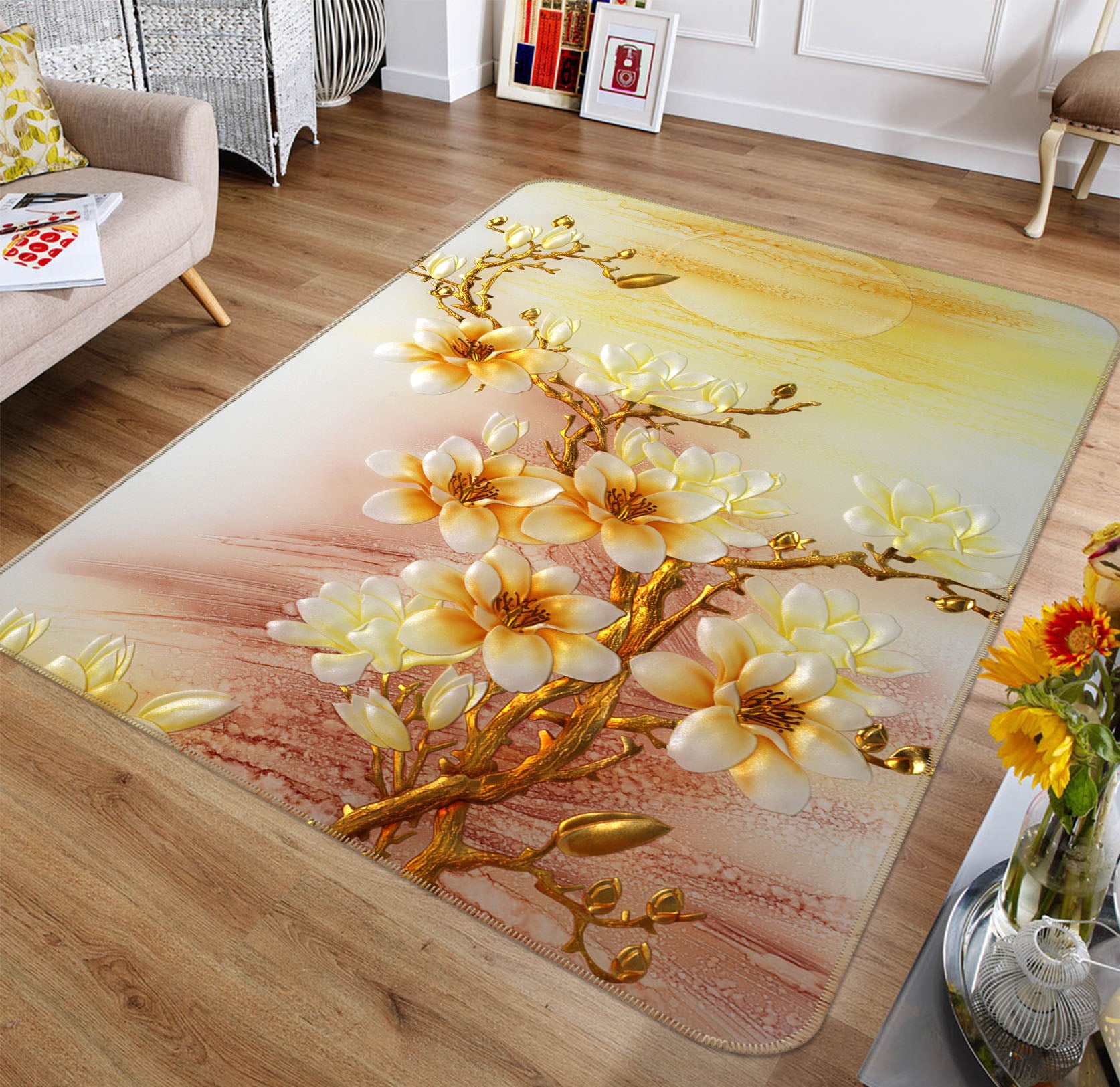 3D Gold Flower Branch 32225 Non Slip Rug Mat