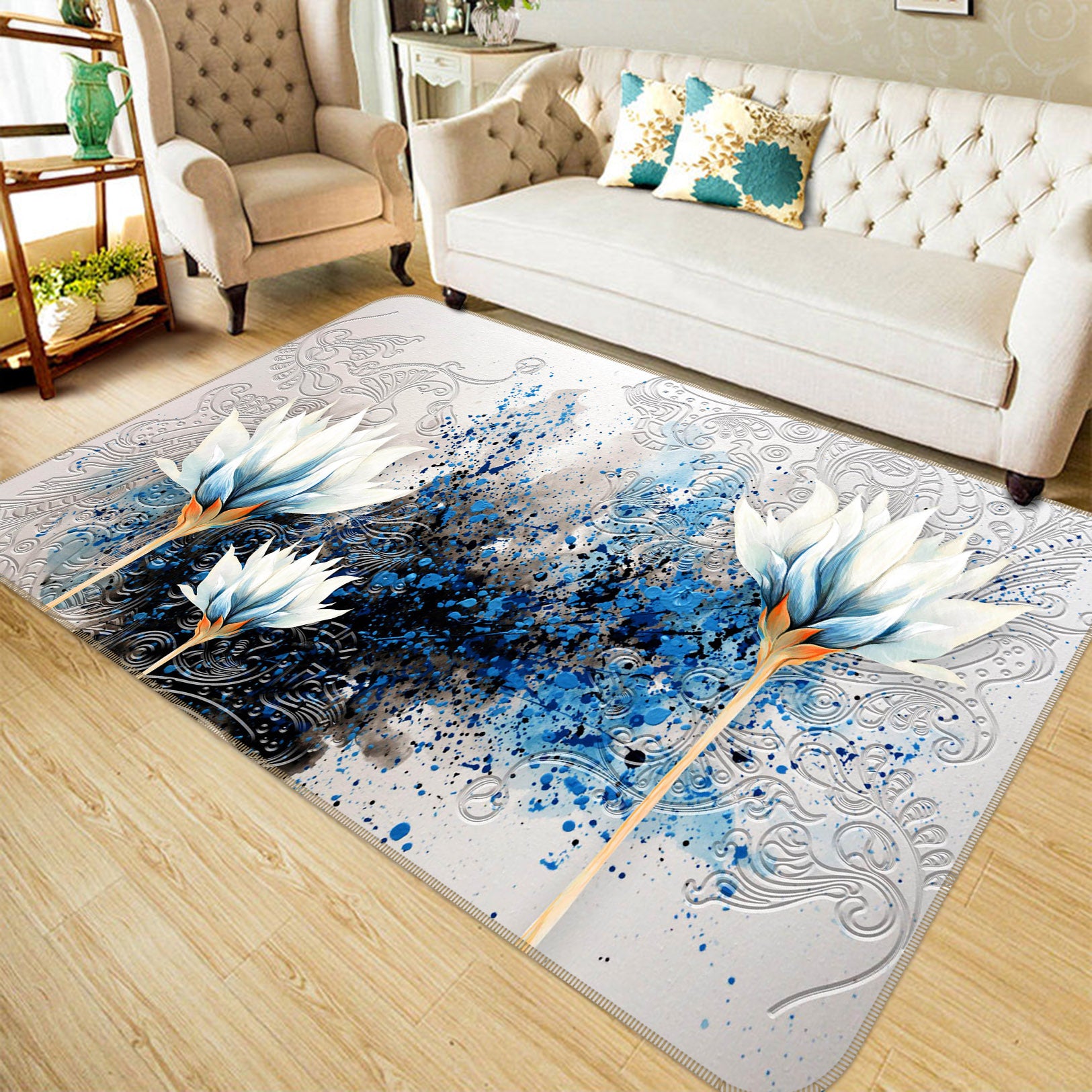 3D Blue White Flowers 65135 Non Slip Rug Mat