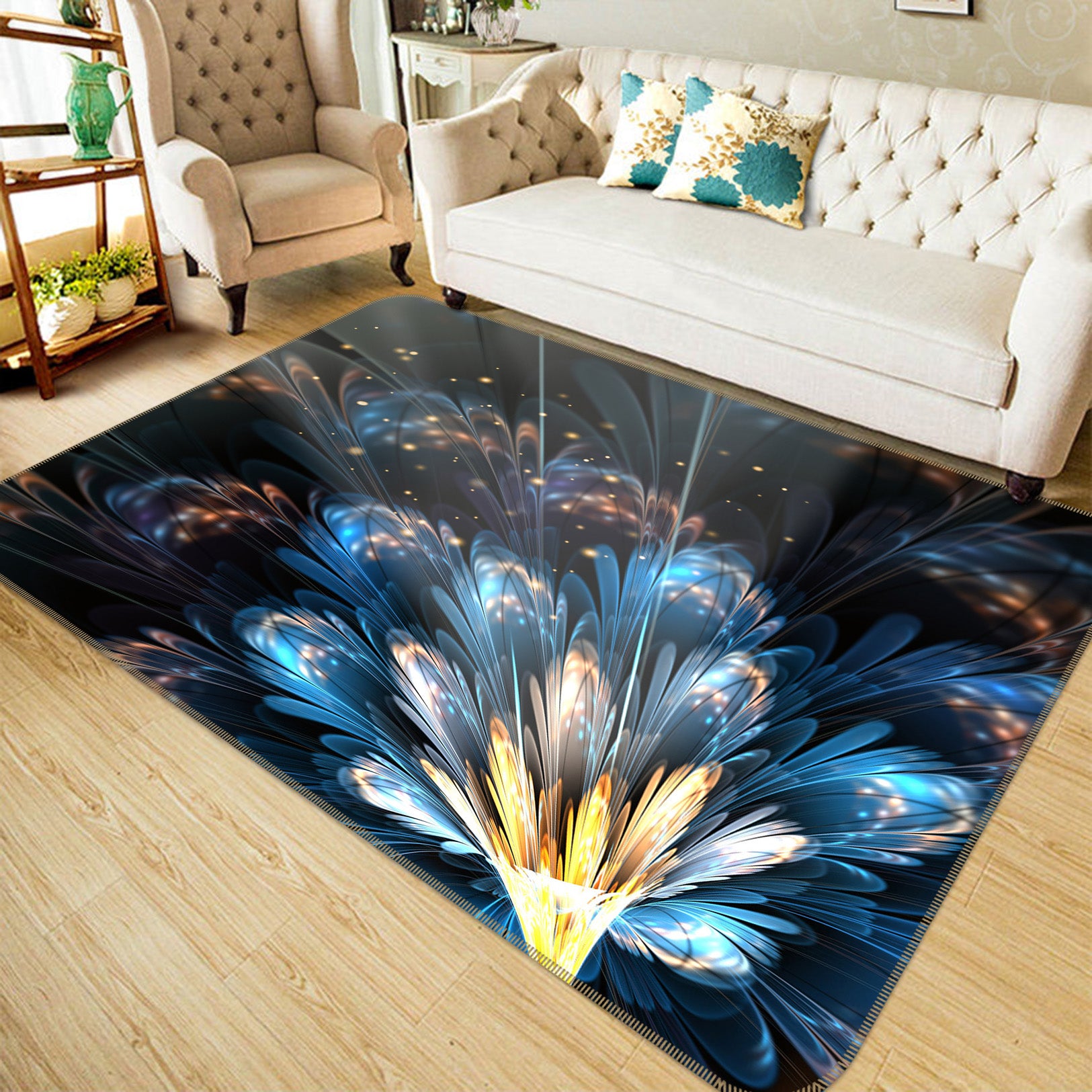 3D Blue Light Flowers 65091 Non Slip Rug Mat