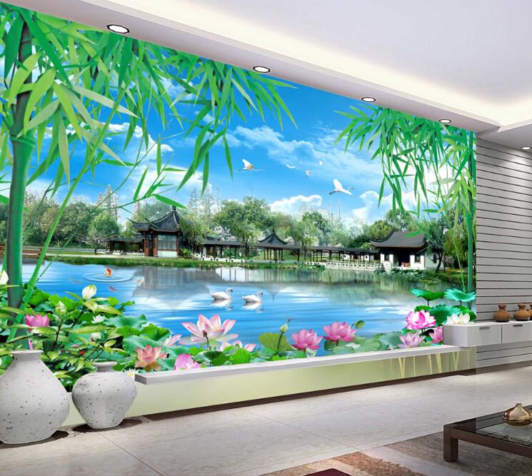 3D Pond Bamboo Pavilion And Lotus Wallpaper AJ Wallpaper 1 
