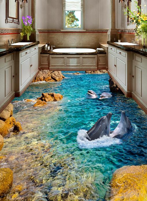 3D Bay Playing Dolphins Floor Mural Wallpaper AJ Wallpaper 2 