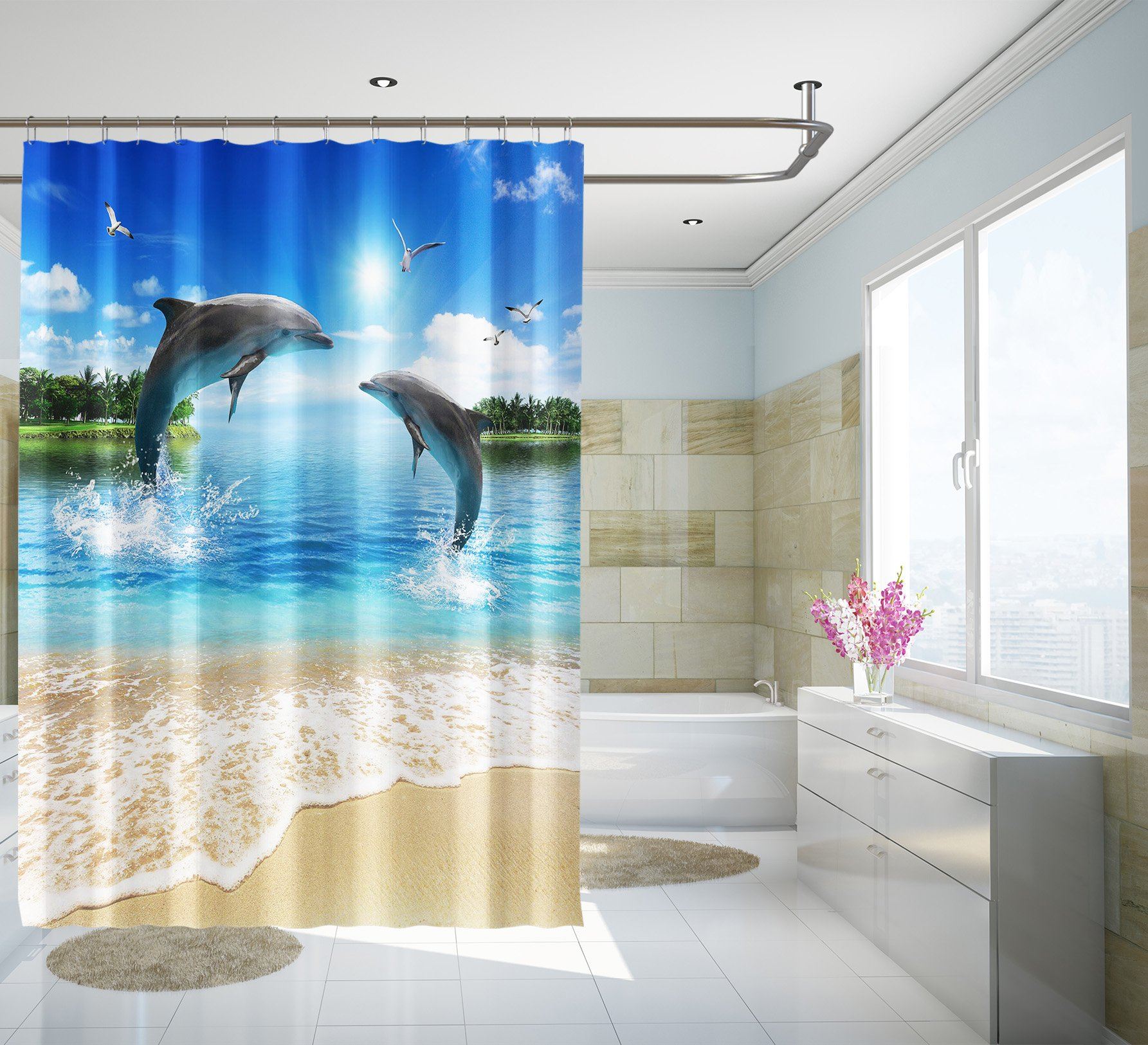 3D Beach Dolphin Jumping 068 Shower Curtain 3D Shower Curtain AJ Creativity Home 