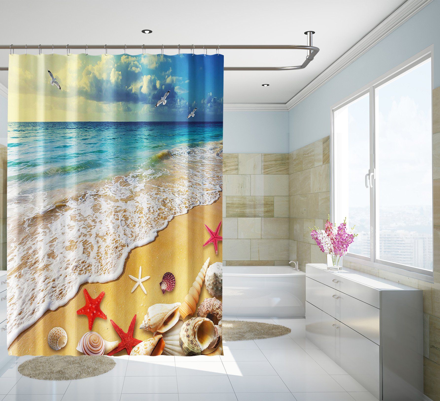3D Beach Starfish Shell 066 Shower Curtain 3D Shower Curtain AJ Creativity Home 