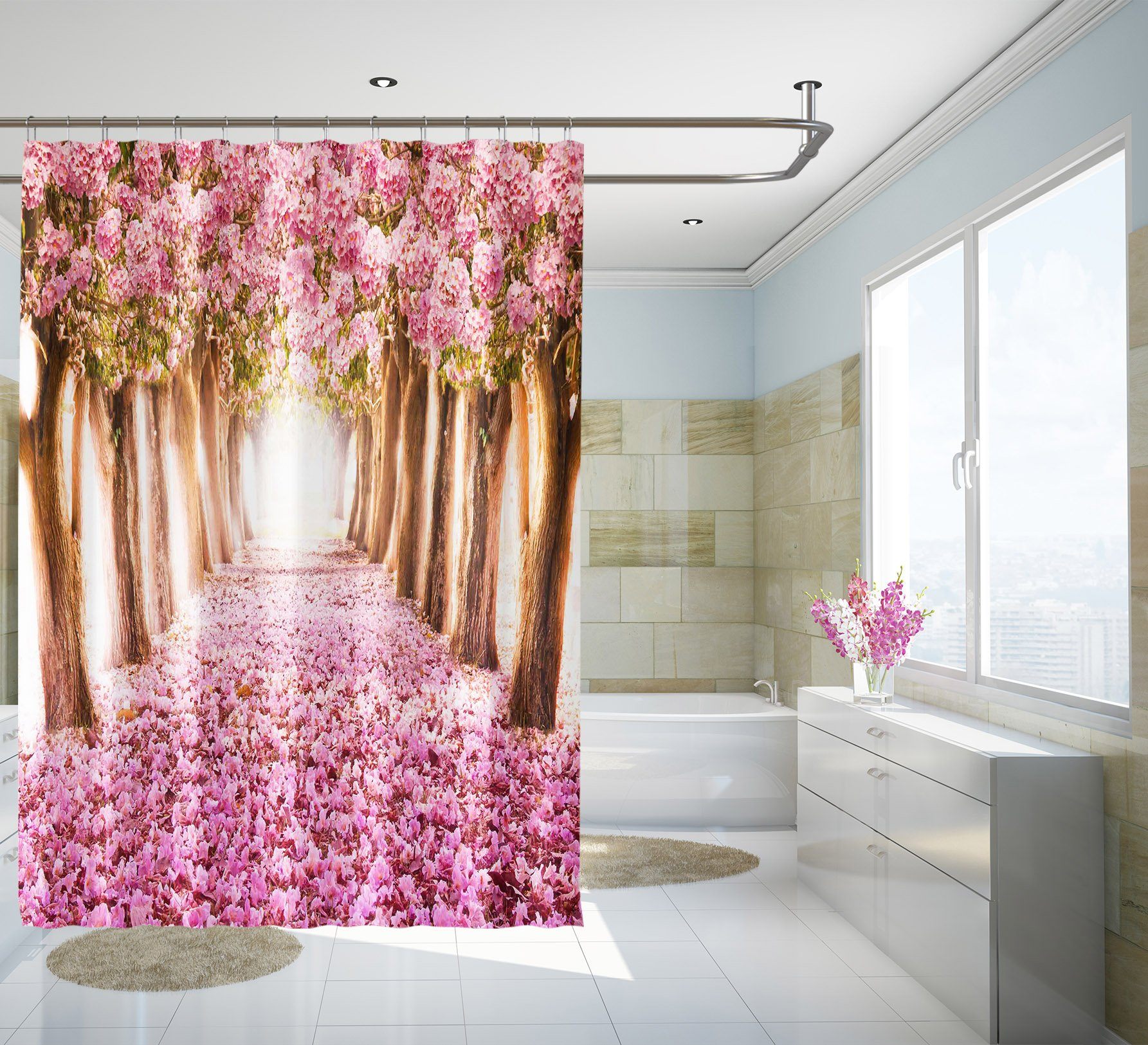 3D Cherry Blossom Avenue 146 Shower Curtain 3D Shower Curtain AJ Creativity Home 