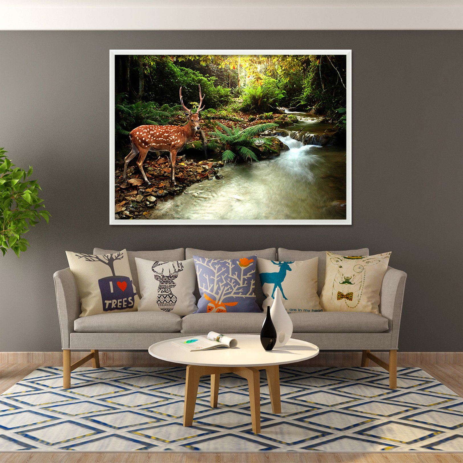 3D Fawn Drinking Water 068 Fake Framed Print Painting Wallpaper AJ Creativity Home 