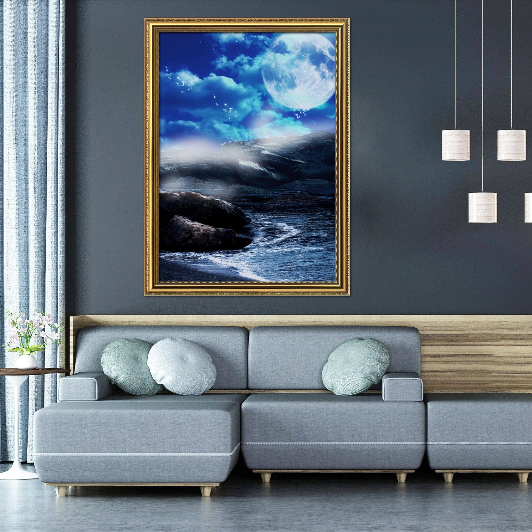 3D Moon Lake 147 Fake Framed Print Painting Wallpaper AJ Creativity Home 