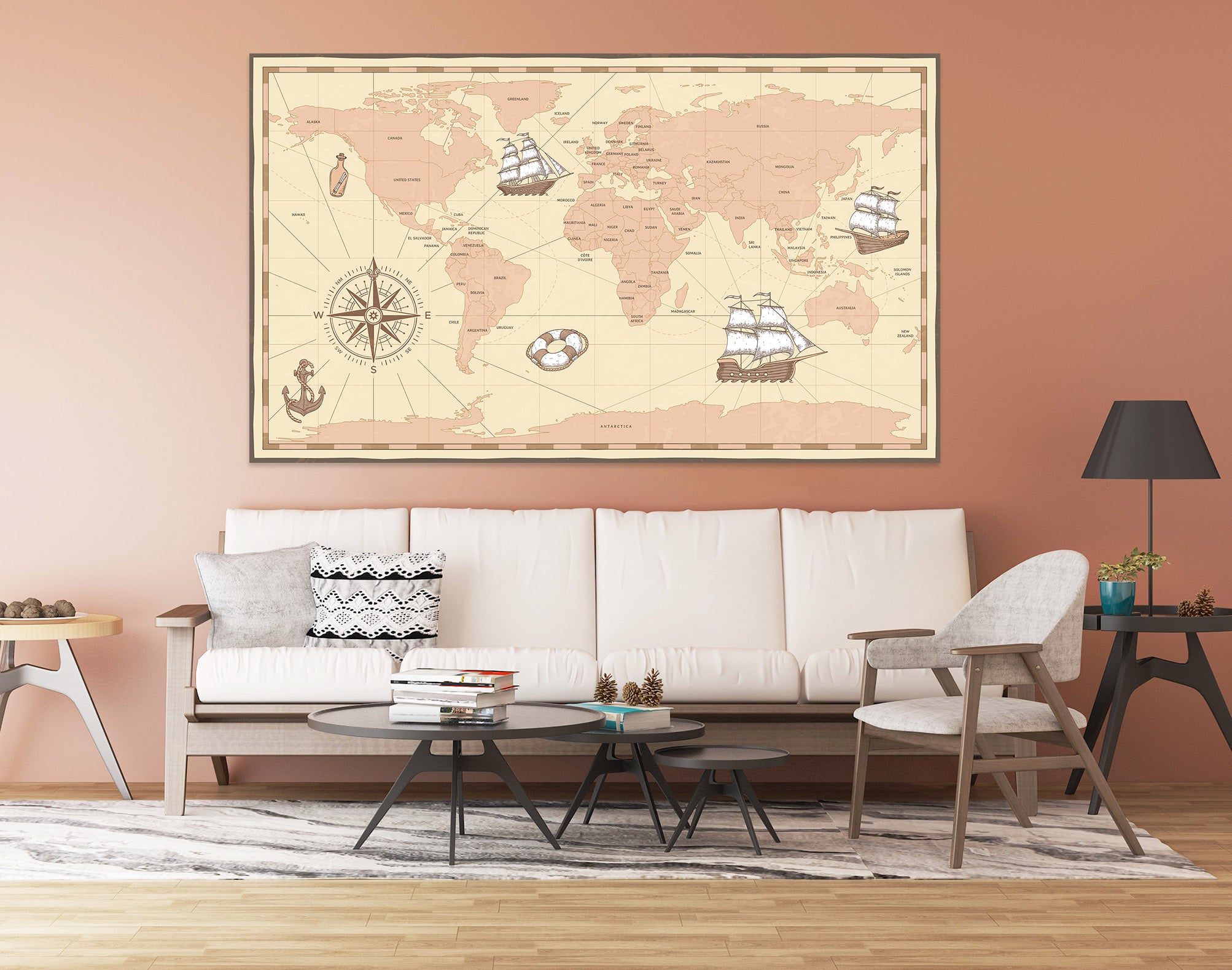 3D Sailing Ship 101 World Map Wall Sticker