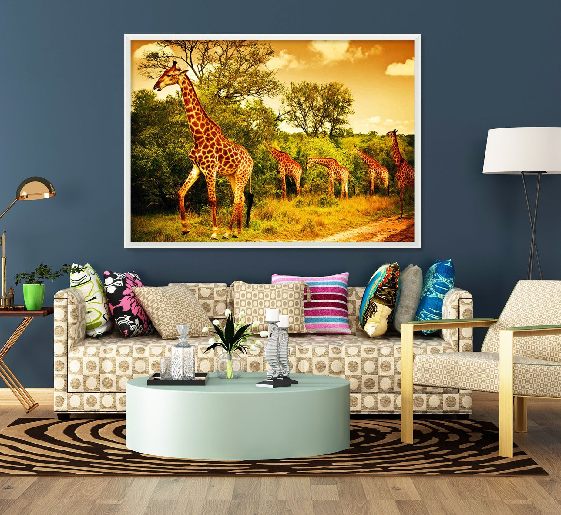 3D Giraffe Eating Leaves 172 Fake Framed Print Painting Wallpaper AJ Creativity Home 