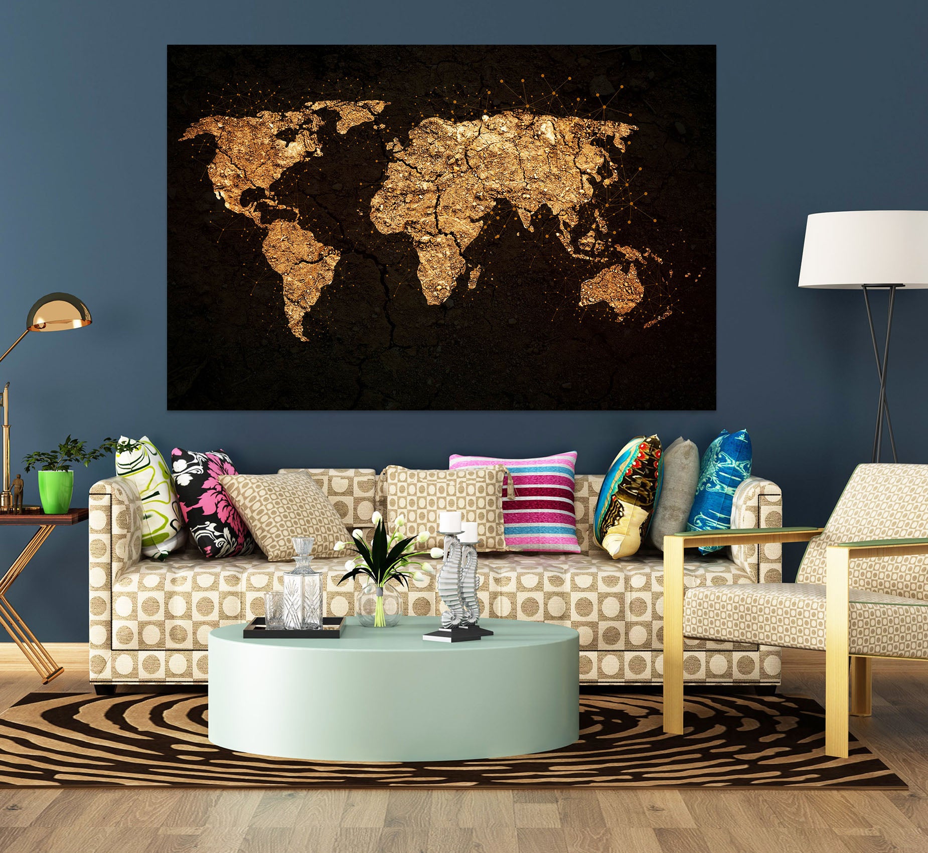 3D Gold Pattern 219 World Map Wall Sticker