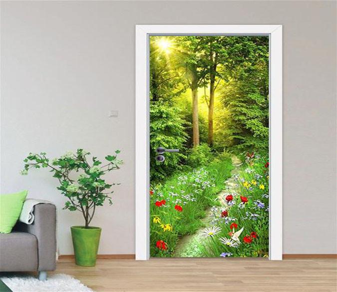 3D shade and flowers Road door mural Wallpaper AJ Wallpaper 