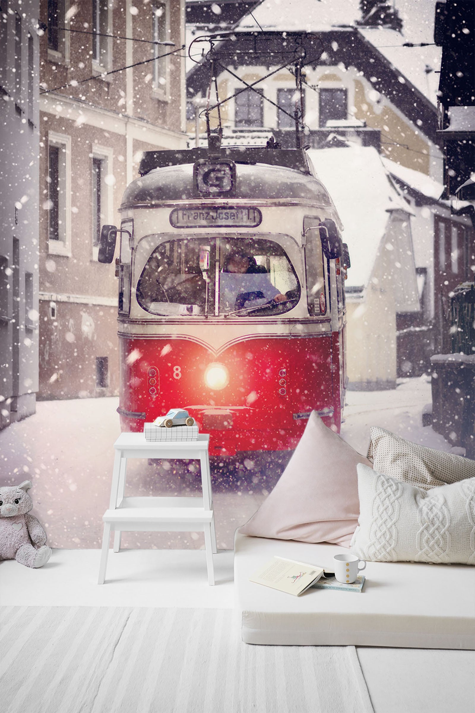 3D White Snow Bus 436 Vehicle Wall Murals
