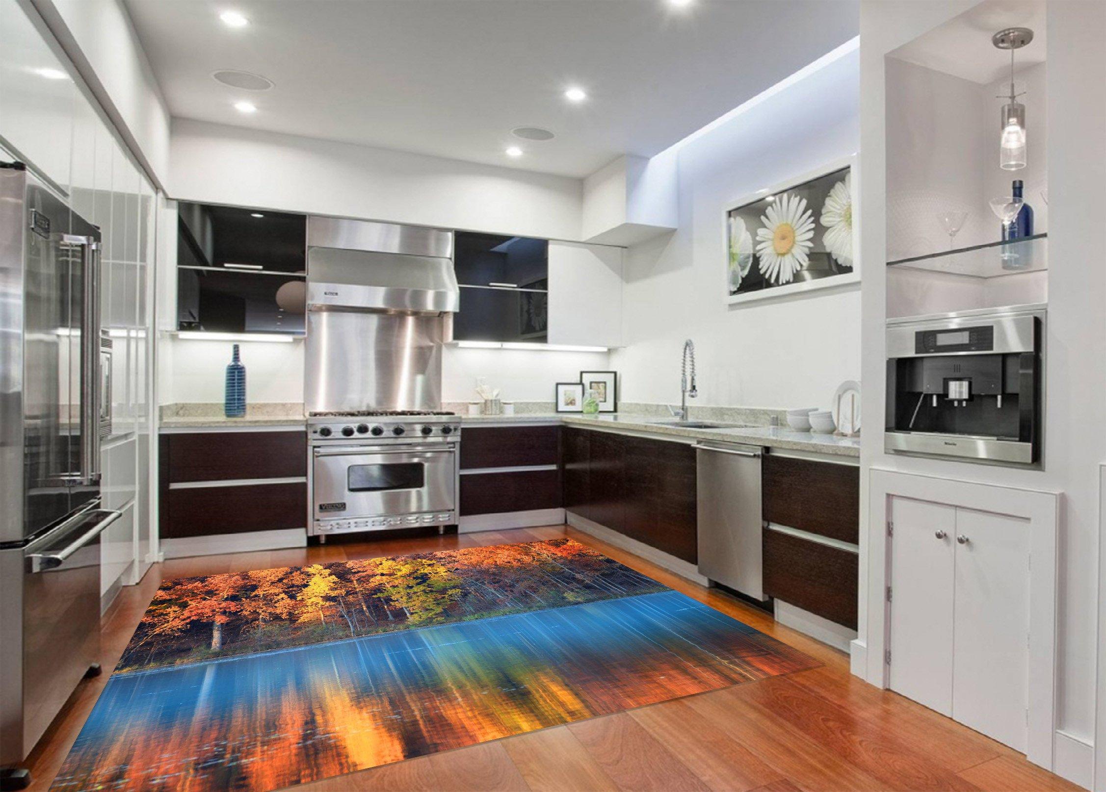 3D Lakeside Color Trees Kitchen Mat Floor Mural Wallpaper AJ Wallpaper 