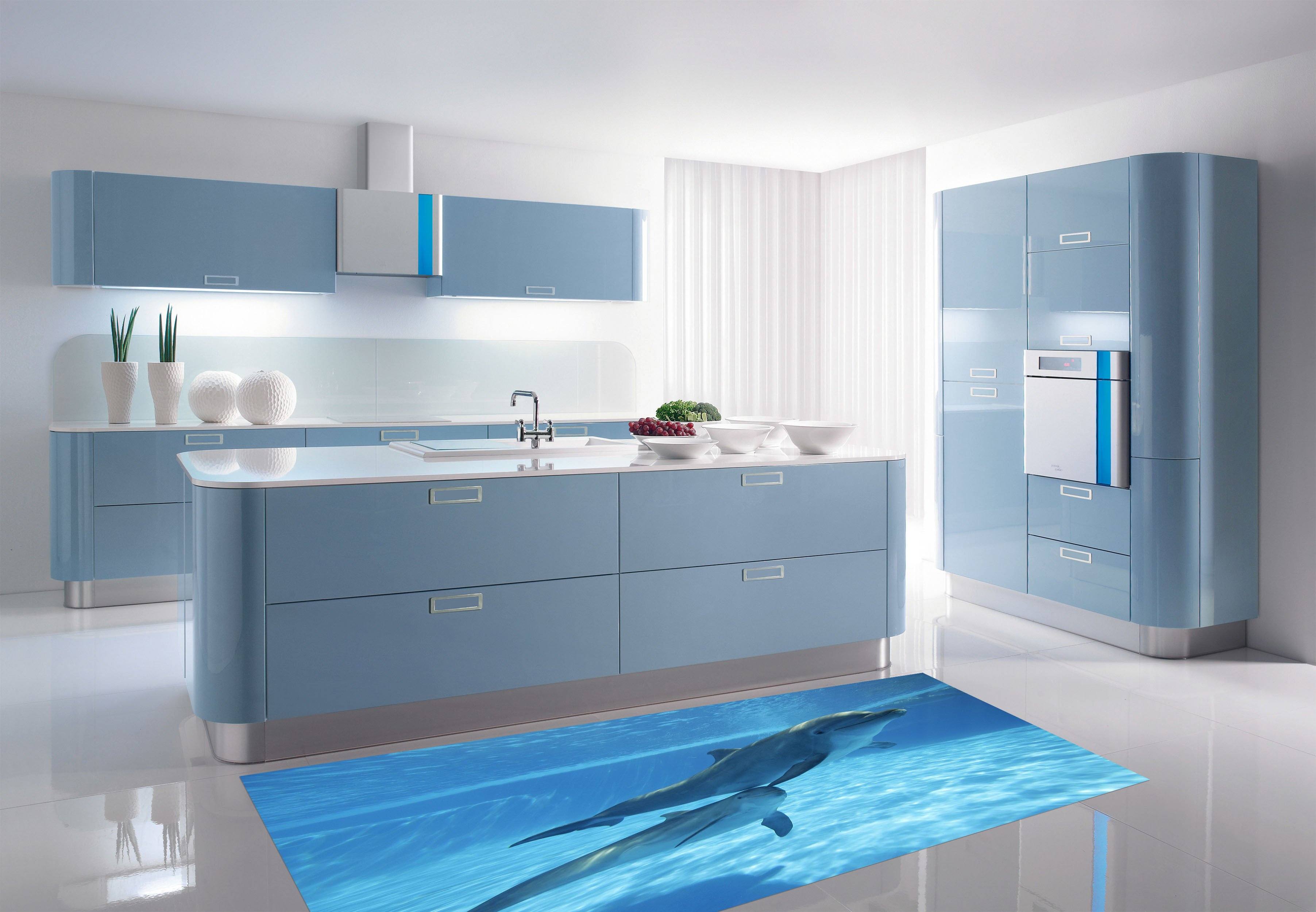 3D Sea Swimming Dolphins Kitchen Mat Floor Mural Wallpaper AJ Wallpaper 