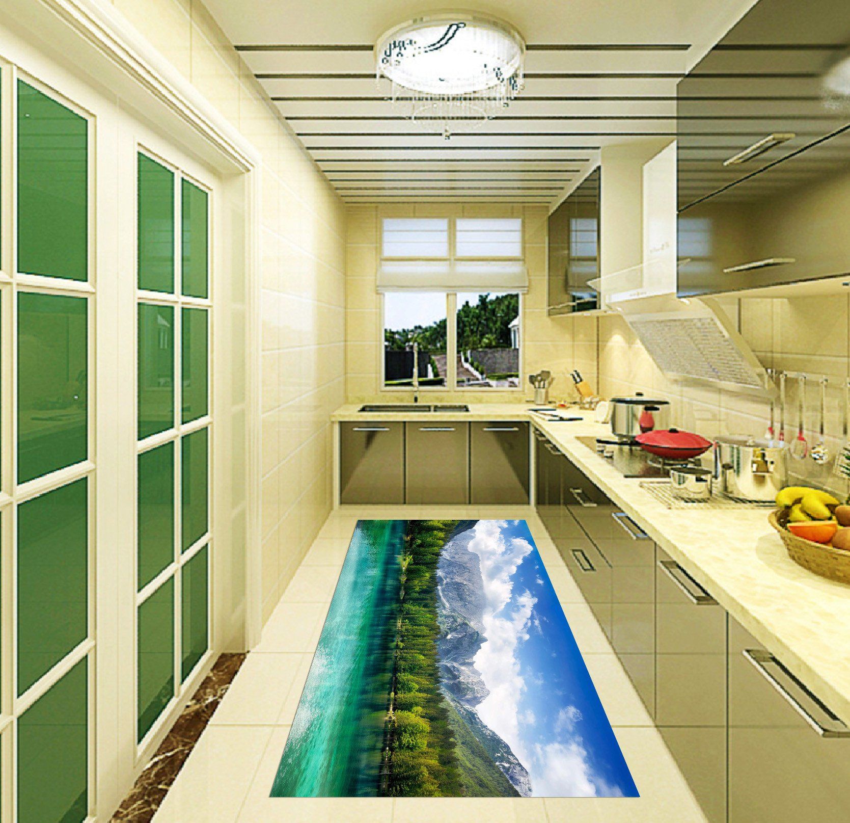 3D Mountain Forest Lake Kitchen Mat Floor Mural Wallpaper AJ Wallpaper 