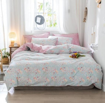 3D Light Blue Pink Floral 14077 Bed Pillowcases Quilt