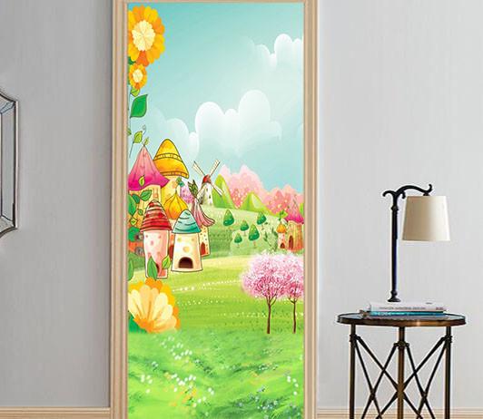 3D fairy tale flower castle painting door mural Wallpaper AJ Wallpaper 