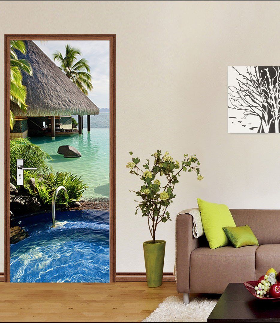 3D seaside swimming pool door mural Wallpaper AJ Wallpaper 