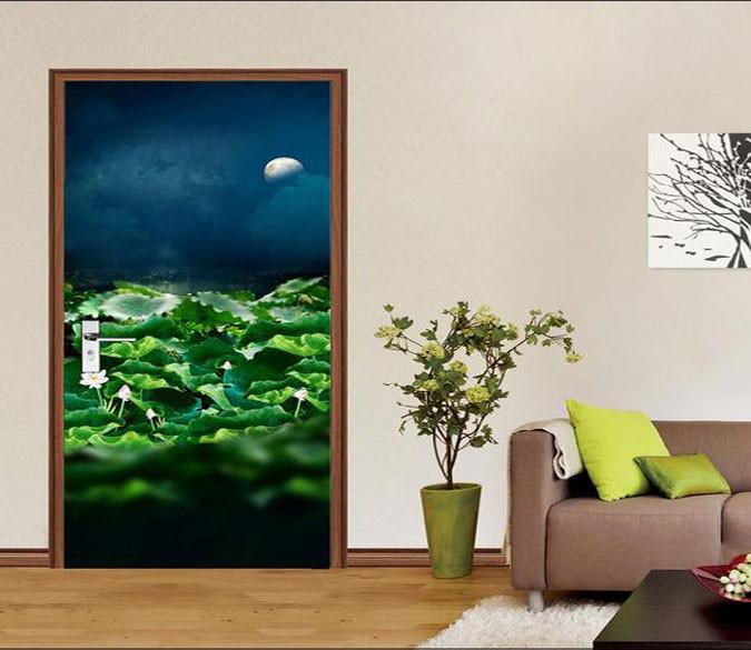 3D lotus pond in the night door mural Wallpaper AJ Wallpaper 
