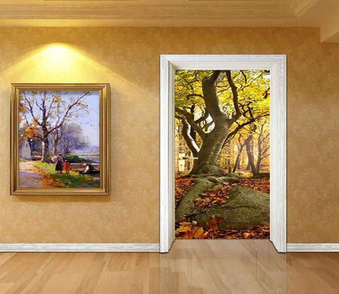 3D fallen leaves tree door mural Wallpaper AJ Wallpaper 