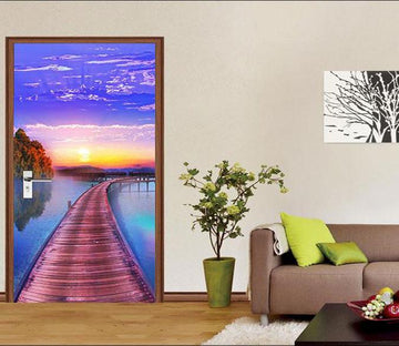 3D lake plank bridge sunset door mural Wallpaper AJ Wallpaper 