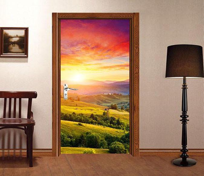 3D mountains sunset glow door mural Wallpaper AJ Wallpaper 