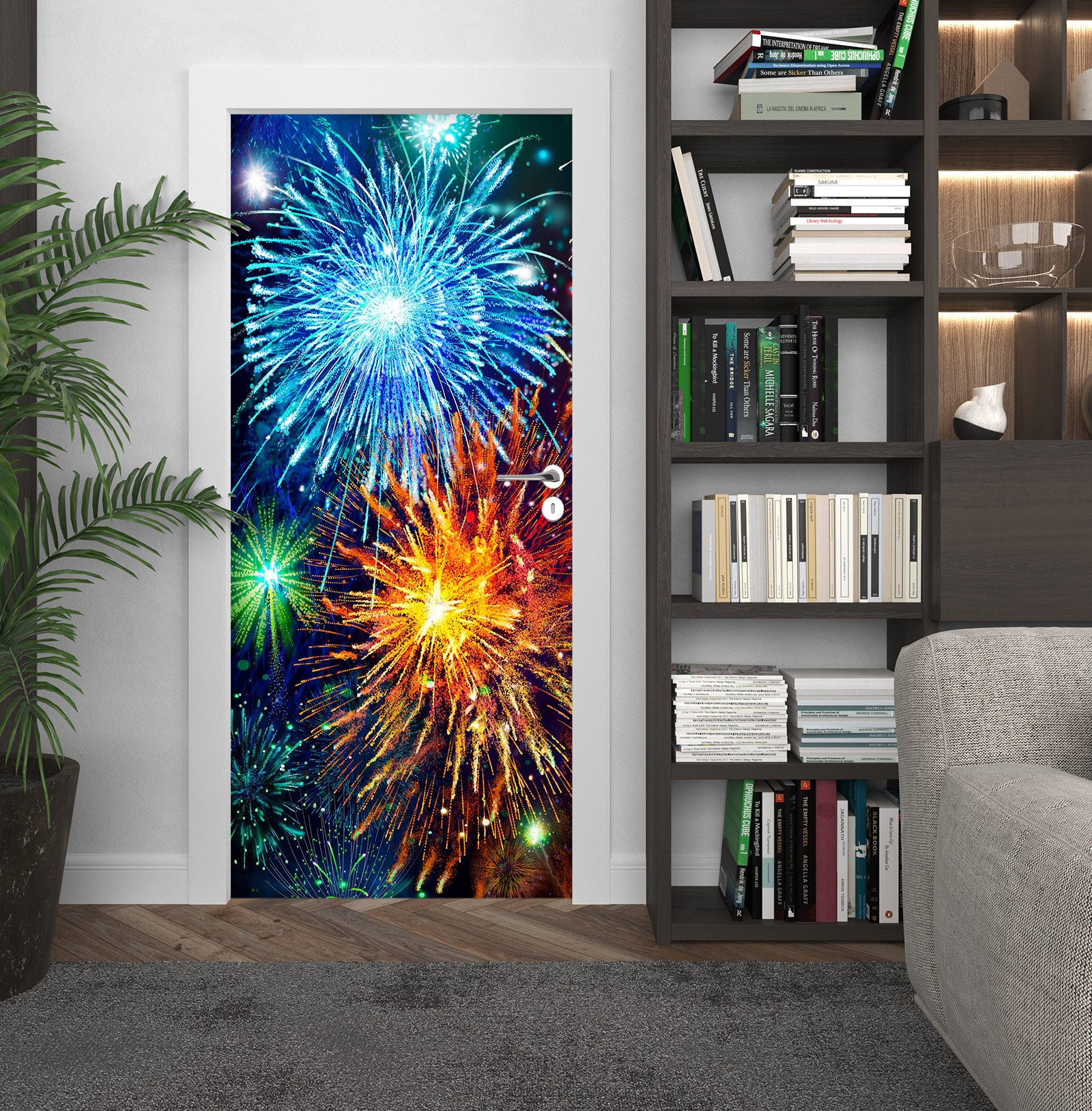 3D Blue Fireworks 153 Door Mural