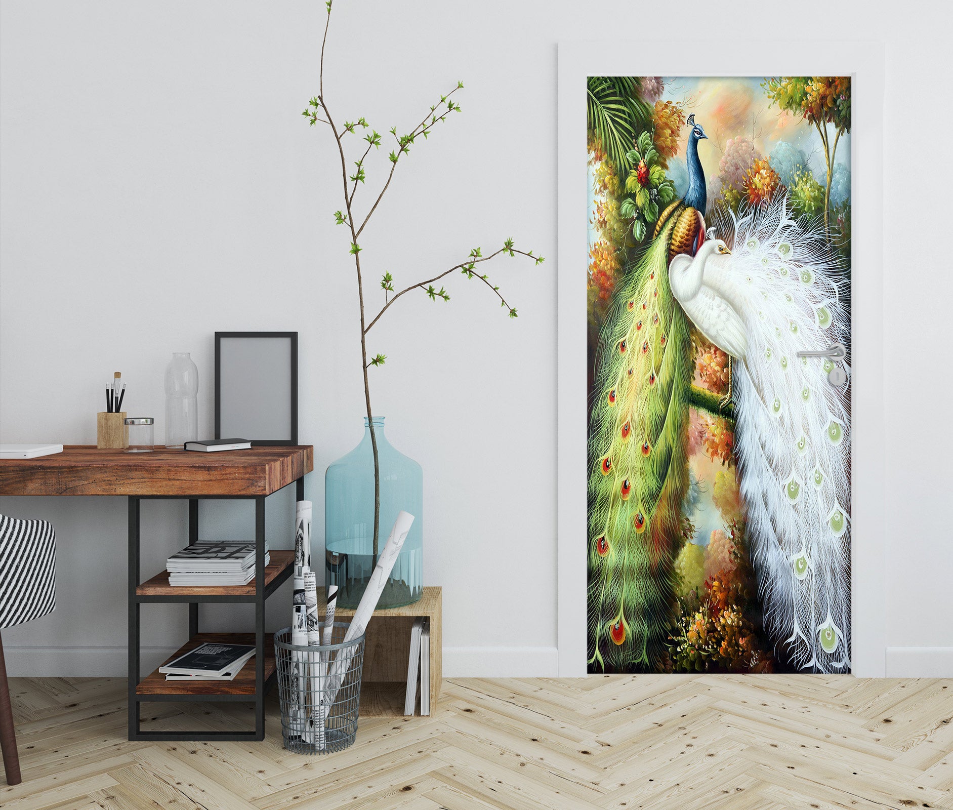 3D Green White Peacock 25002 Door Mural