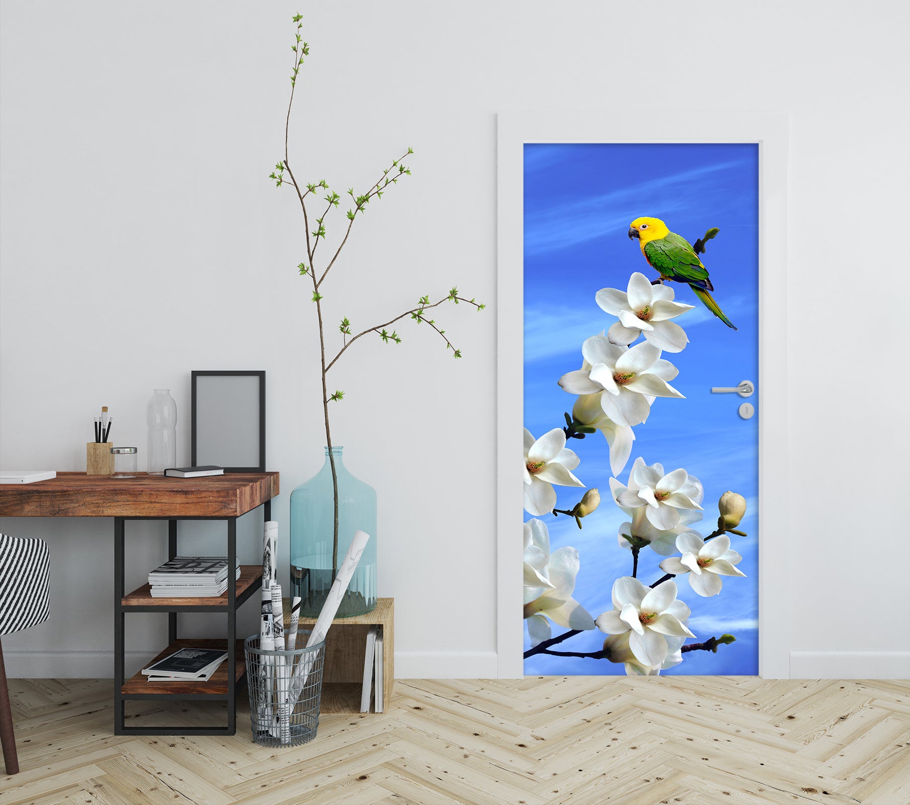 3D White Flower Bird 032 Door Mural