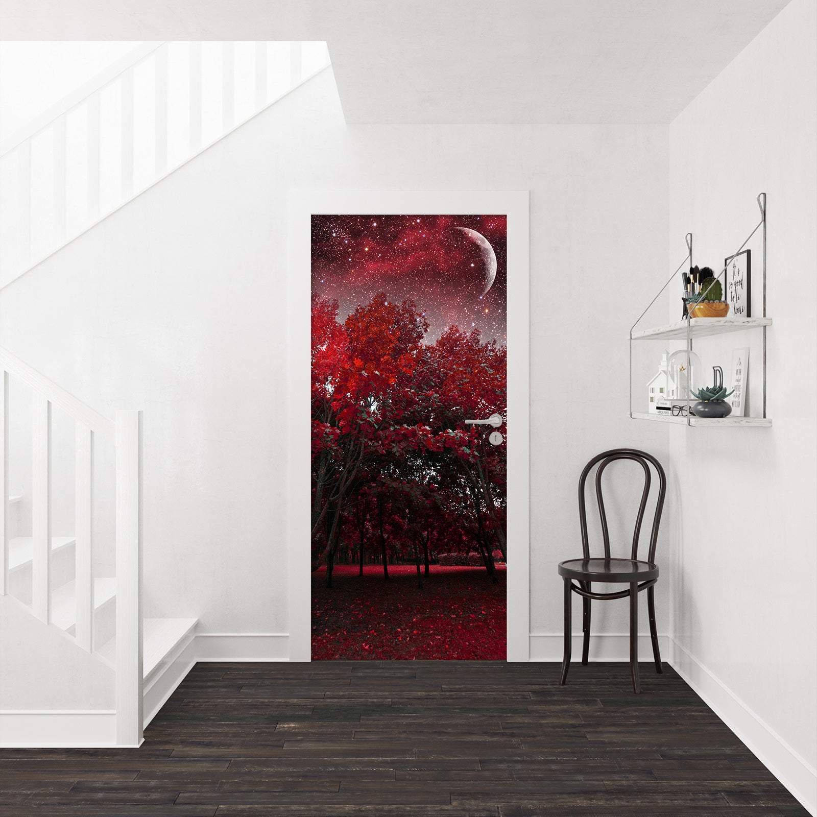 3D Red Forest Moon 030 Door Mural