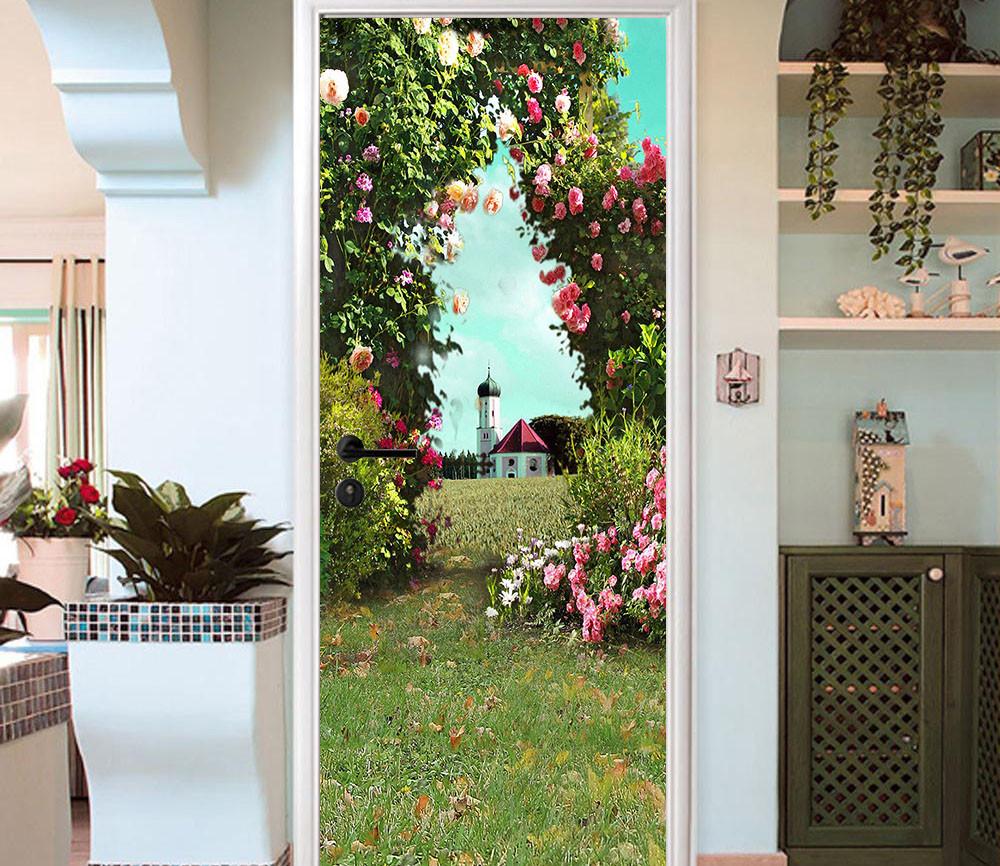 3D arched door flowers and plants door mural Wallpaper AJ Wallpaper 