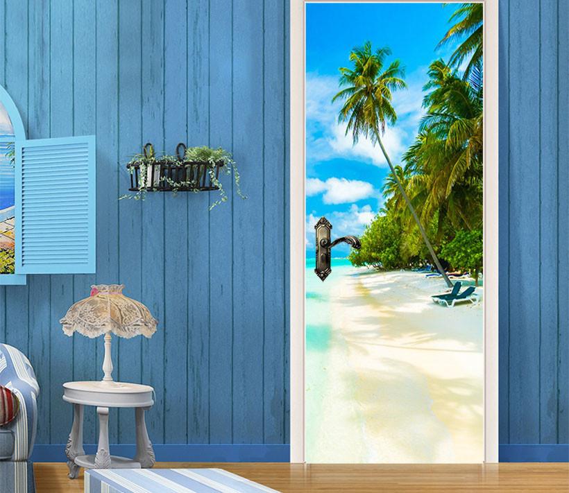 3D beach palm tree white clouds door mural Wallpaper AJ Wallpaper 