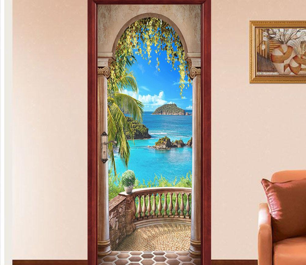 3D pavilion palm tree The sea door mural Wallpaper AJ Wallpaper 