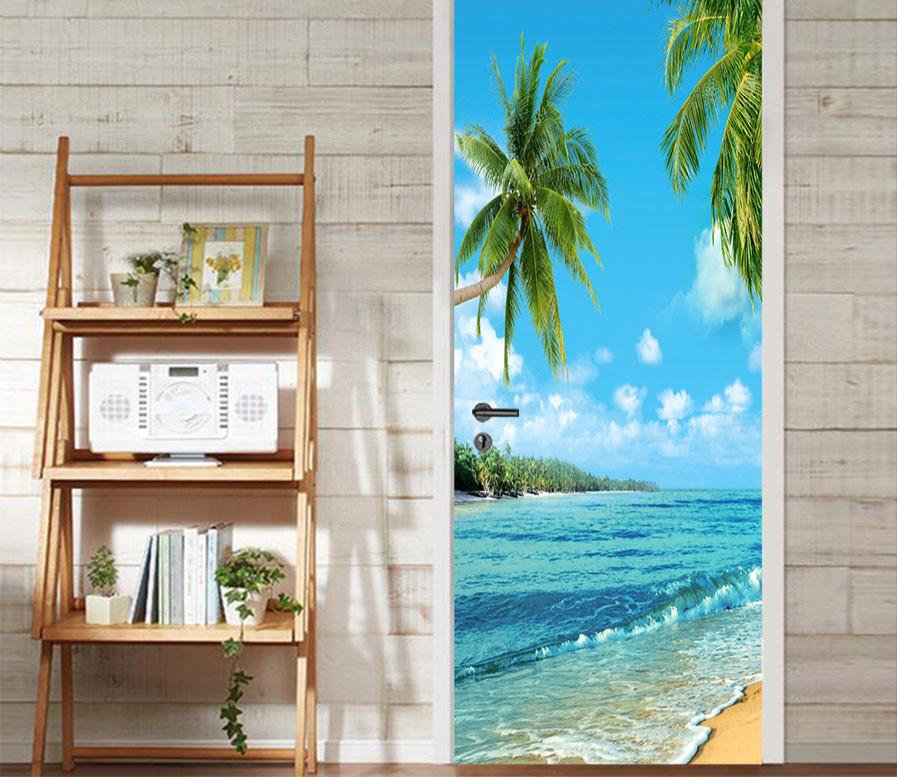 3D coconut tree seawater waves door mural Wallpaper AJ Wallpaper 