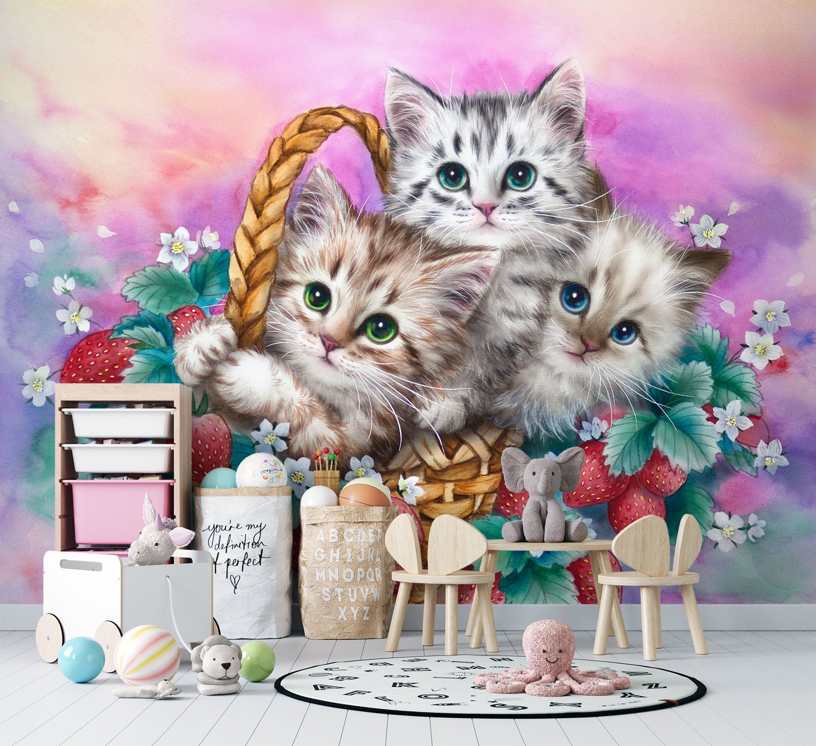 3D Strawberry Cat 5435 Kayomi Harai Wall Mural Wall Murals