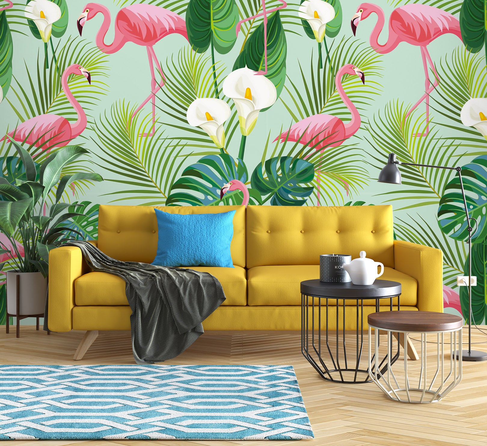 3D Flamingo Leaves 58165 Wall Murals