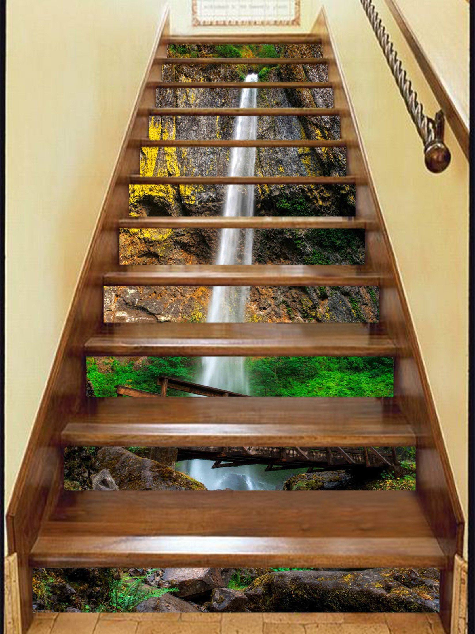 3D Waterfall Wood Bridge 1149 Stair Risers Wallpaper AJ Wallpaper 