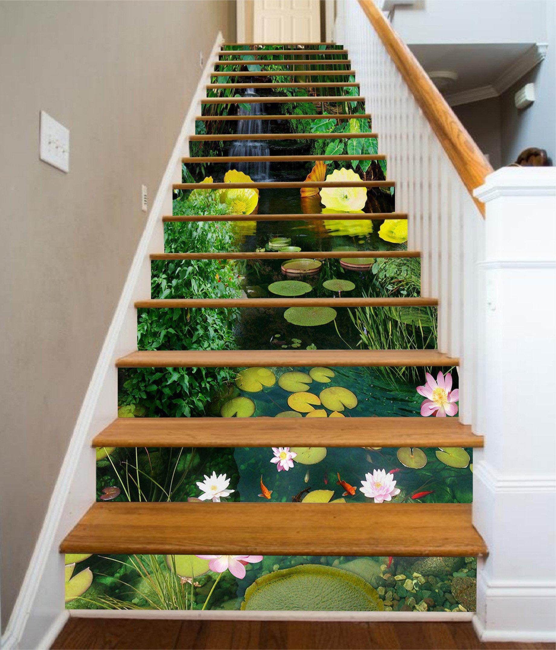 3D River Pond Lotus Fishes 1426 Stair Risers Wallpaper AJ Wallpaper 