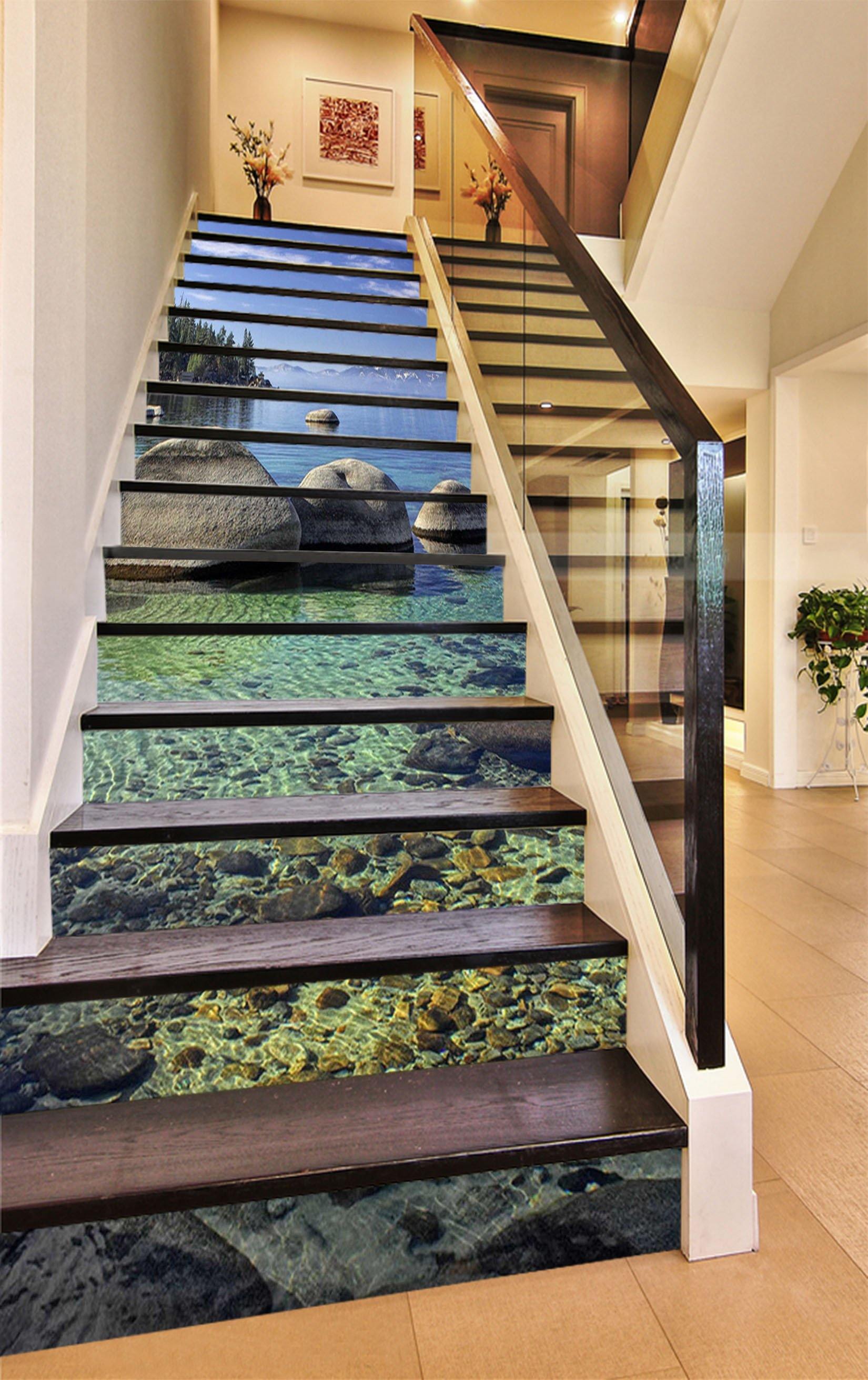 3D Clear Lake Stones 1628 Stair Risers Wallpaper AJ Wallpaper 