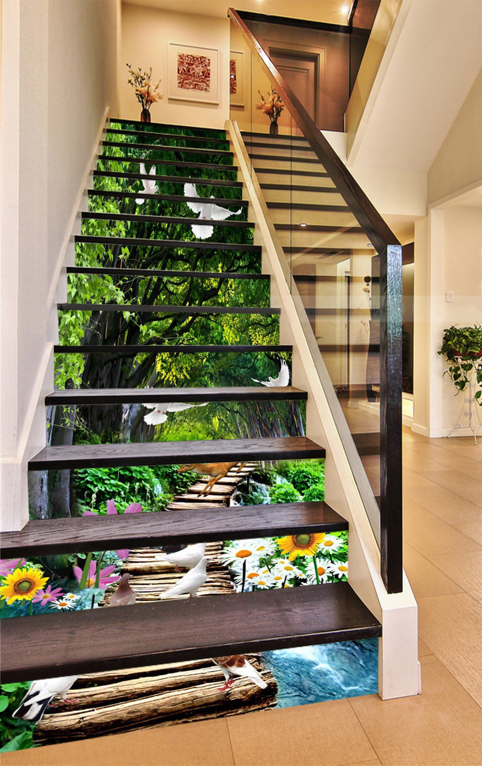 3D Forest Bridge Animals 1152 Stair Risers Wallpaper AJ Wallpaper 