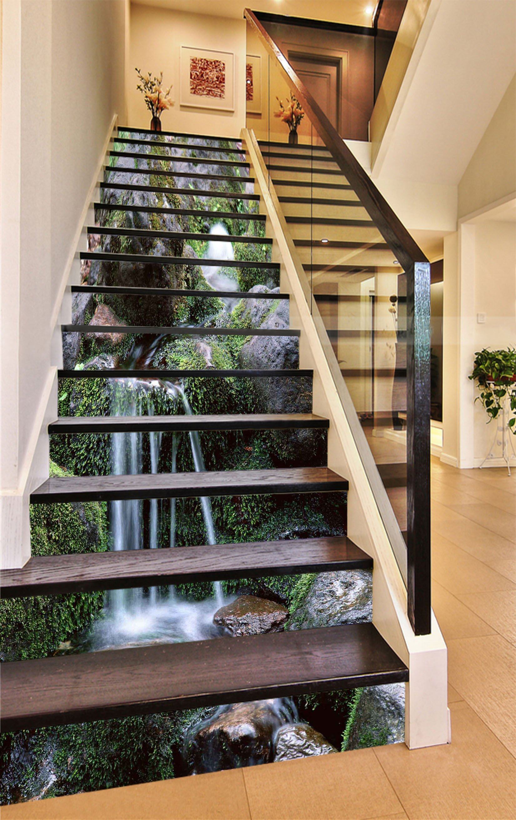 3D Moss Stones Streams 1259 Stair Risers Wallpaper AJ Wallpaper 
