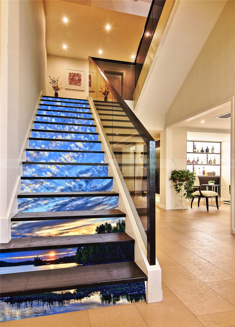 3D Lake Sunset Clouds Sky 389 Stair Risers Wallpaper AJ Wallpaper 
