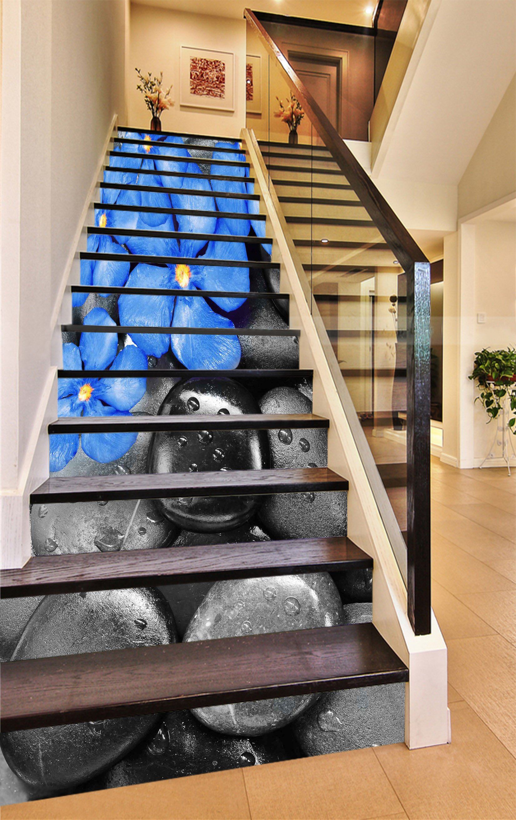 3D Blue Flowers Black Stones 1121 Stair Risers Wallpaper AJ Wallpaper 