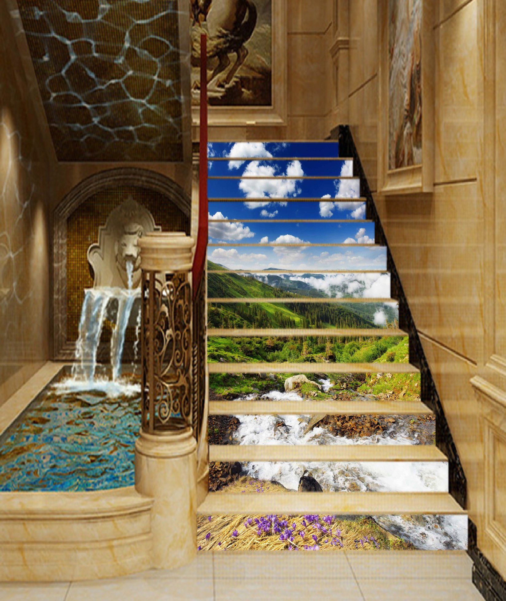 3D Mountain River Scenery 1191 Stair Risers Wallpaper AJ Wallpaper 
