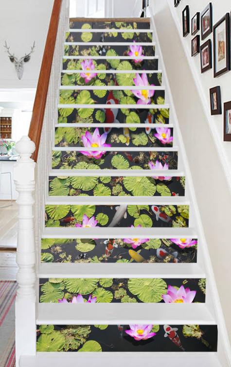 3D Fish Pond Flowers 580 Stair Risers Wallpaper AJ Wallpaper 