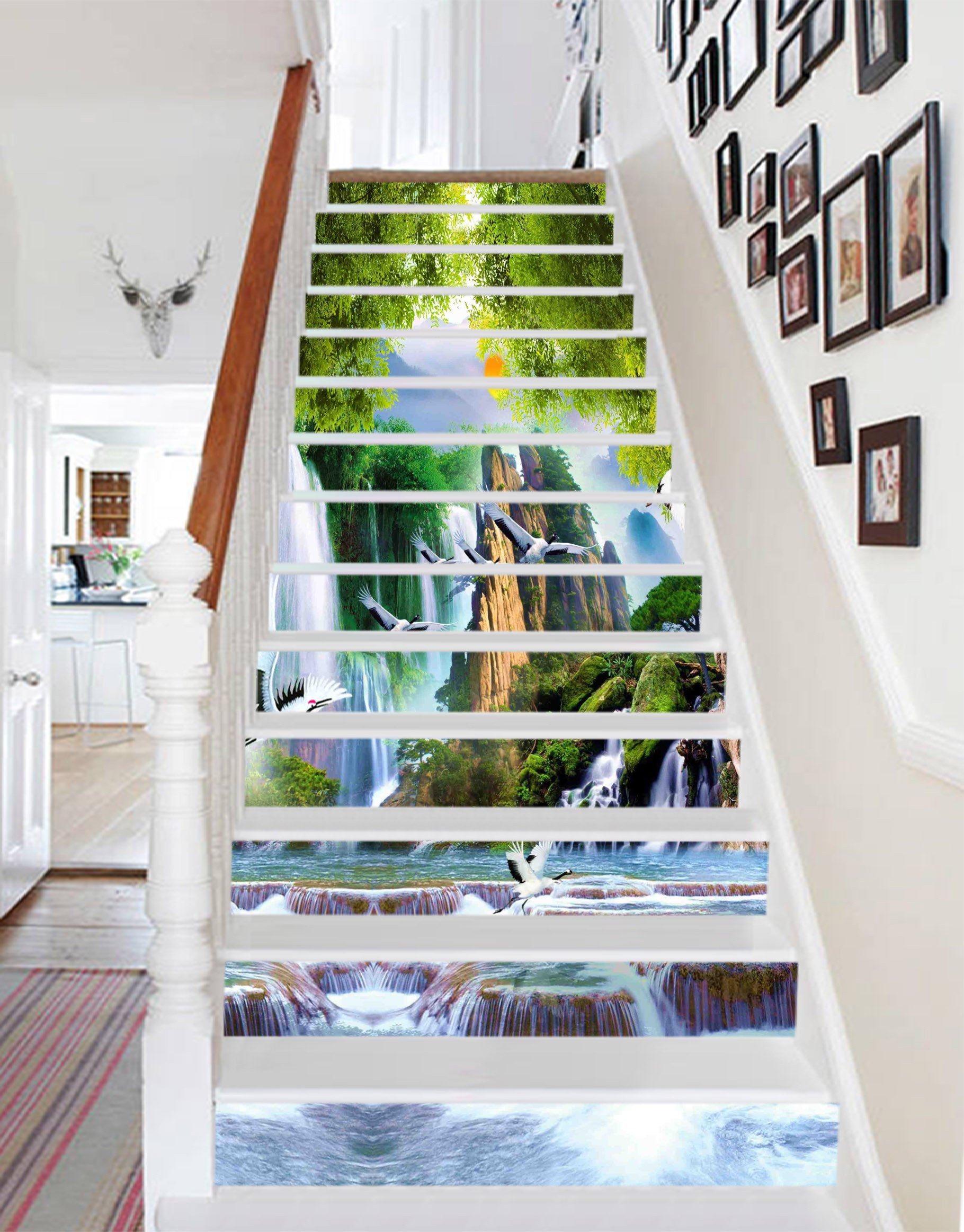 3D Waterfalls Cranes 406 Stair Risers Wallpaper AJ Wallpaper 