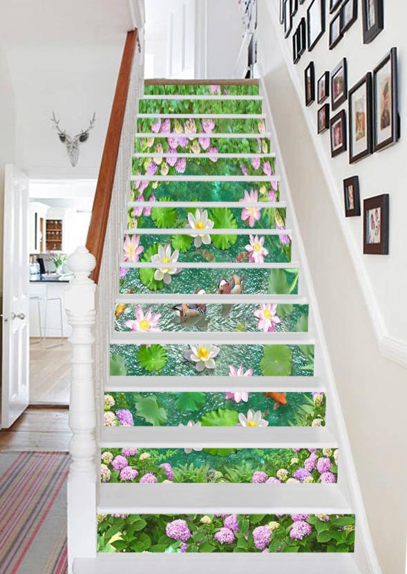3D Fish Pond Flowers 668 Stair Risers Wallpaper AJ Wallpaper 