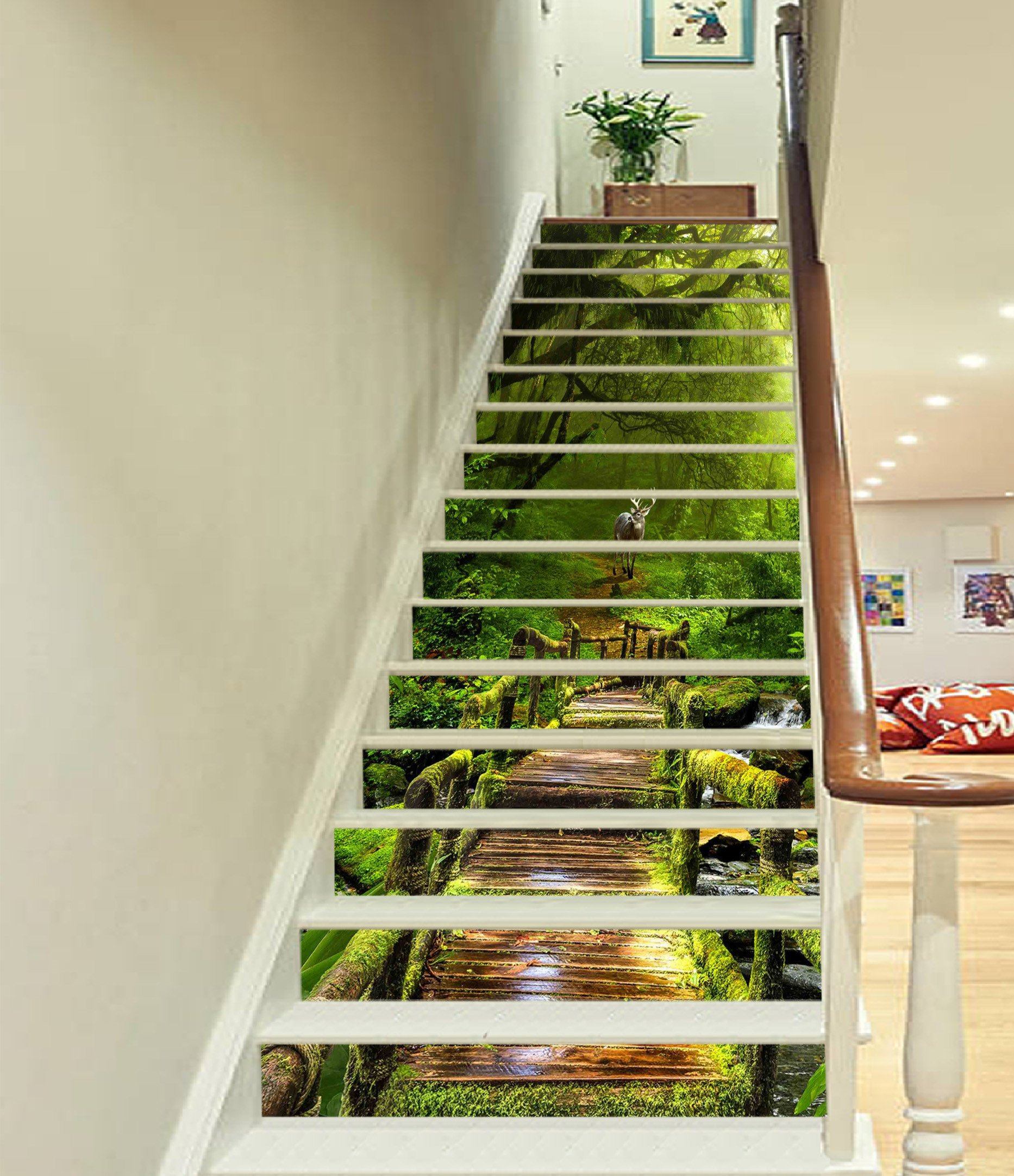 3D Forest Wood Bridge Animal 1480 Stair Risers Wallpaper AJ Wallpaper 