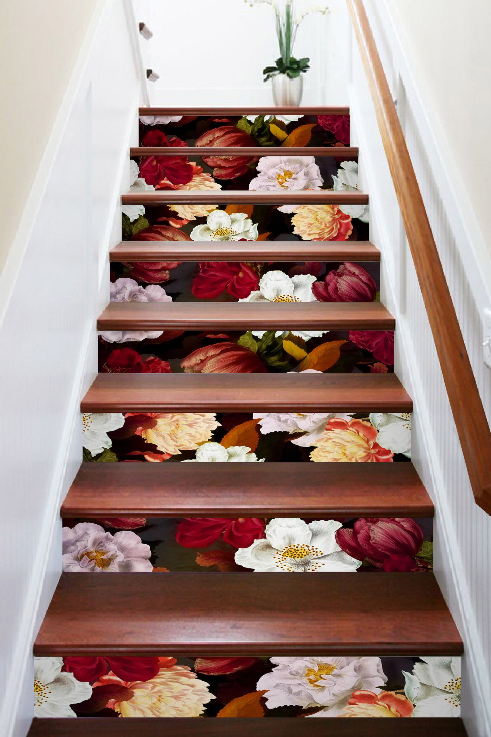 3D White Red Flower Pattern 10419 Uta Naumann Stair Risers